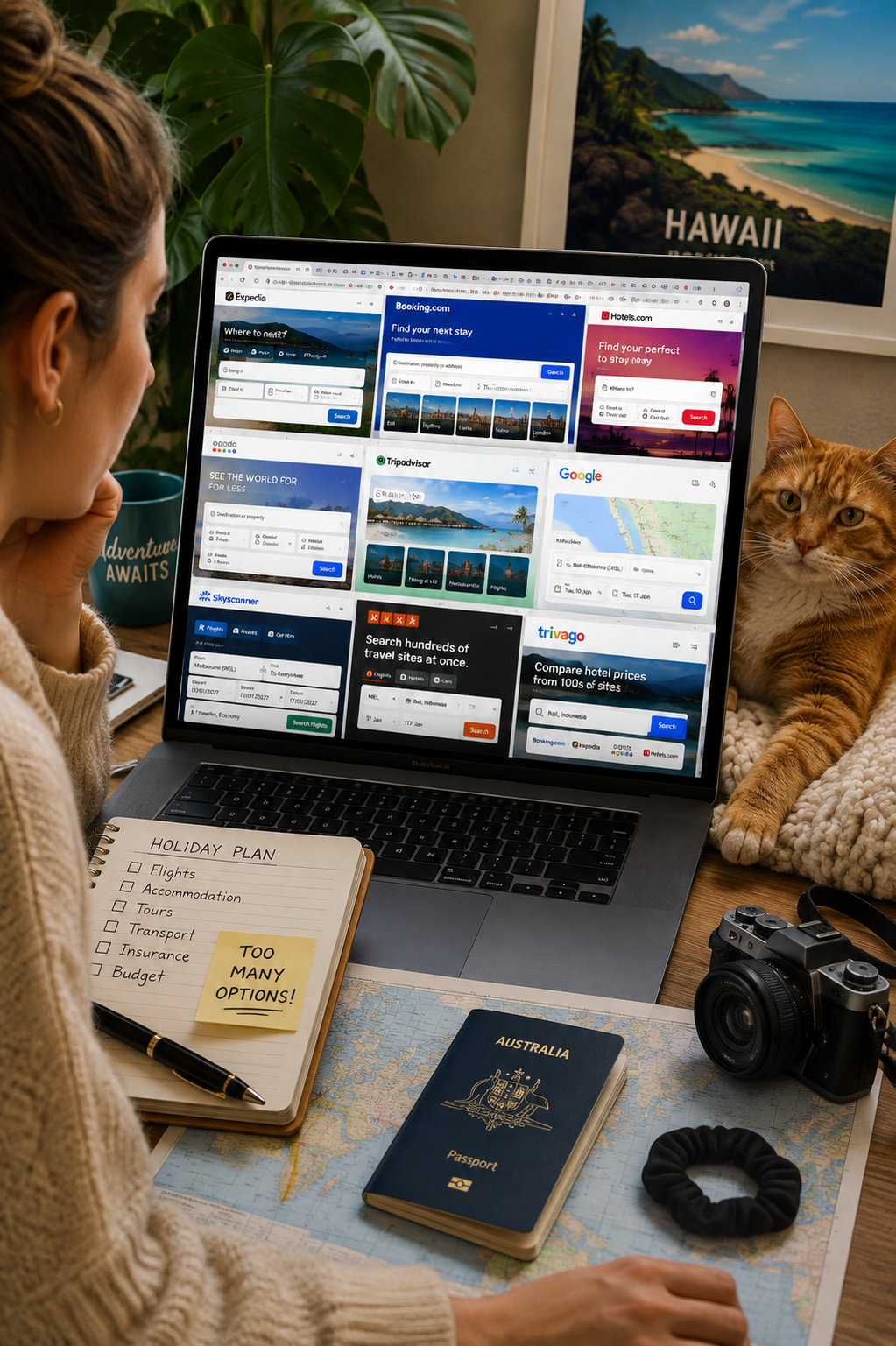 Traveller overwhelmed by too many travel websites and holiday research